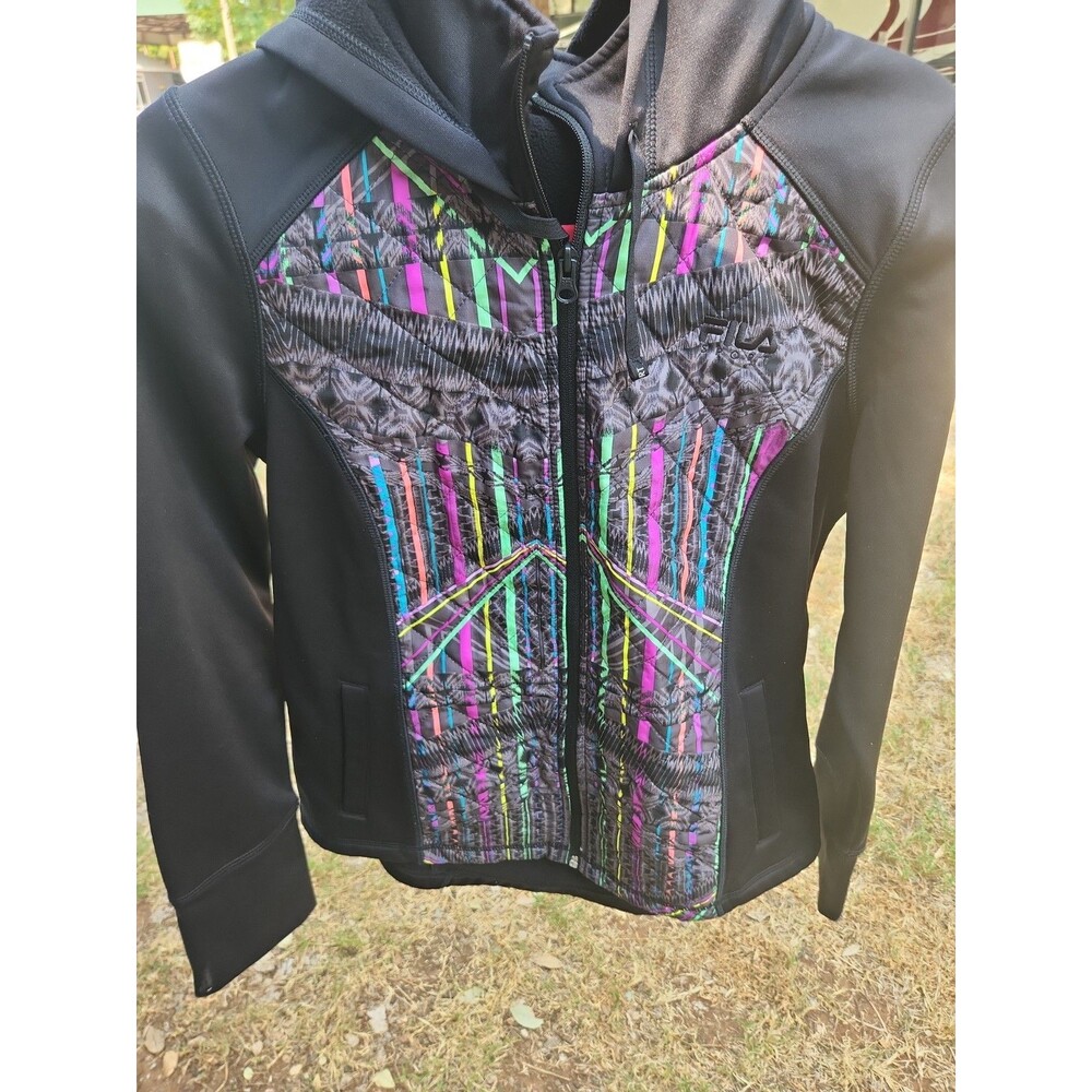 Fila Sport Womens Black Quilted Hybrid Bright Full Zip Hooded Jacket Medium